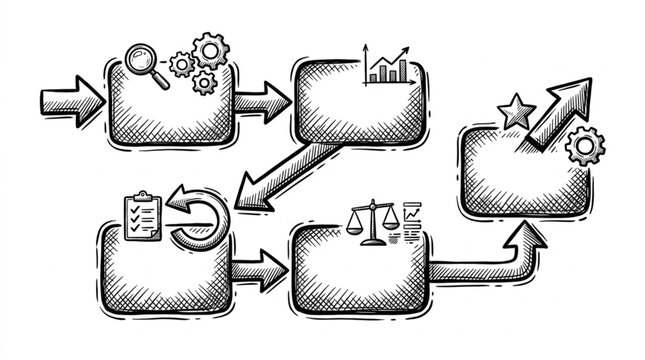 Business process flow chart with icons and arrows sketch.