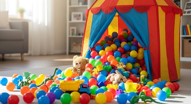 Children's Colorful Ball Pit Tent with Toys in Living Room