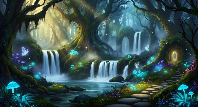 Enchanting Forest Waterfall Scene with Glowing Flora and Fauna.
