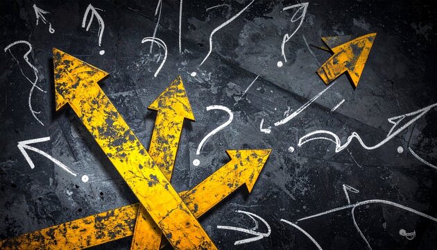 Chaotic arrows crossing directions on dark textured background