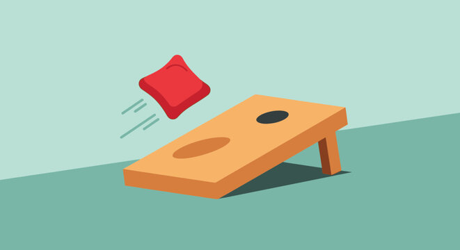 Red bean bag flying towards wooden cornhole board with black and brown holes on green background