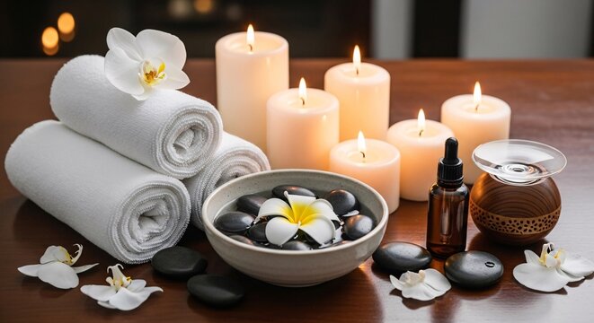 A serene spa setup with candles and towels.