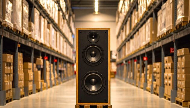 Wooden speaker in warehouse aisle with stacked boxes