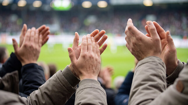 Close up of fan hands clapping in stadium, cheering crowd at sports event with blurred field background