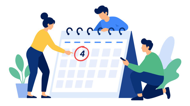 Calendar with highlighted date four in team illustration.