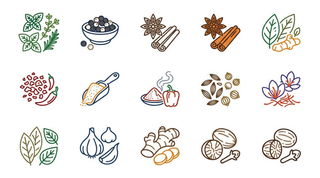 Collection of Various Spices and Herbs Illustrated Icons.