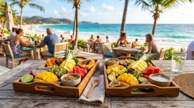 Tropical fruit platters served at a beachside restaurant with ocean views
