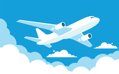 Naklejka premium White passenger airliner airplane taking off in blue sky with airplane aviation transport aircraft commercial