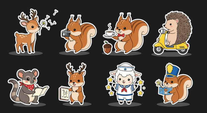 Cute cartoon animals in various professions and activities.