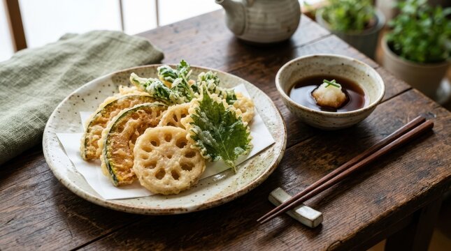 Assortment of delicious vegetable tempura served on a rustic wooden table