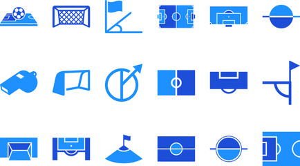 Set of blue flat icons representing soccer elements and playing field details isolated on white background. © FahimBD