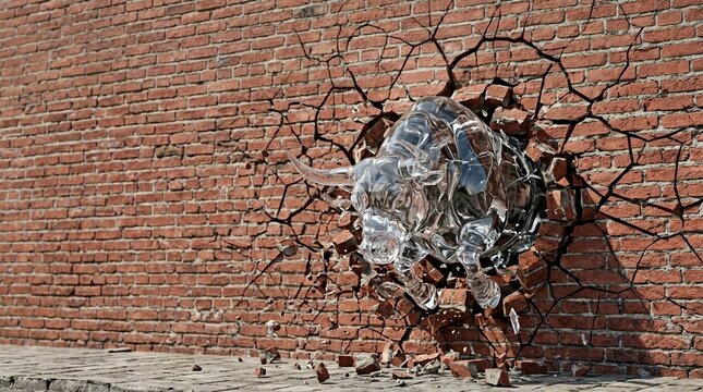Glass bull smashing through brick wall, symbolizing strength and breakthrough