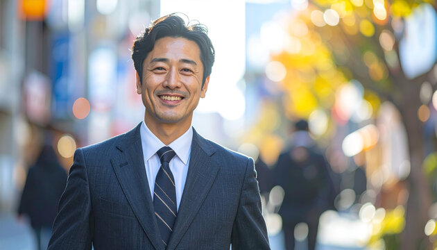 笑顔で街を歩く日本人ビジネスマン