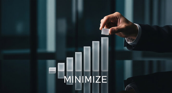 Business growth bar chart with minimize text, businessman hand building financial success graph, corporate risk management and cost reduction concept