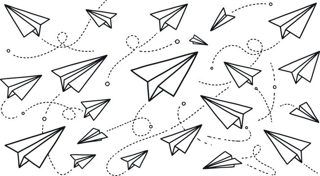 Paper plane flight pattern with dashed line trails and various flying positions.