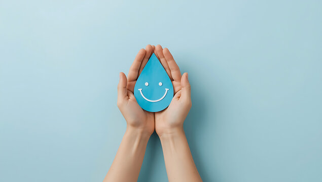 Human hands holding a blue paper water drop with a hand drawn smile concept for clean water hydration environmental care positive emotion hydration environment protection positive drinking