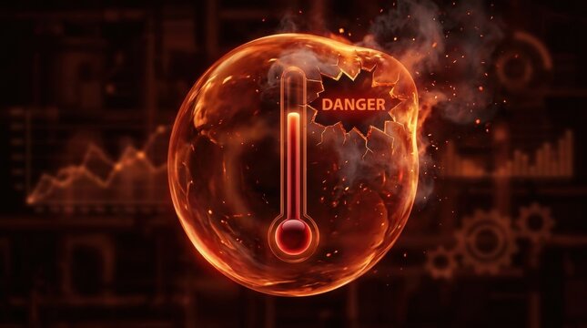 Critical Danger Thermometer: A conceptual illustration depicting a thermometer showing dangerously high temperatures within a fiery, cracked sphere, symbolizing an urgent crisis or critical condition.