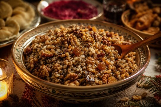 Traditionelle Kutja mit Mohn, Waln&uuml;ssen und Rosinen als russisches Weihnachtsgericht