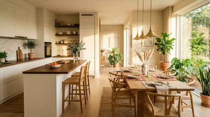 Fototapeta premium Modern open-plan kitchen and dining area bathed in warm natural sunlight