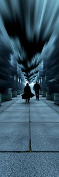 Dark shapes moving swiftly down the concrete path, city life, shadows