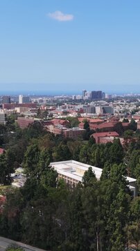 Westwood Los Angeles, UCLA campus, Beverly Hills high rise buildings with Bel Air luxury real estate and Pacific Ocean on horizon under a clear blue sky