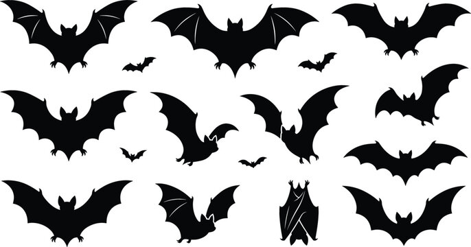 Spooky Black Bat Silhouette Vector Set with Flying and Hanging Positions for Halloween Party Decorations and Graphic Designs