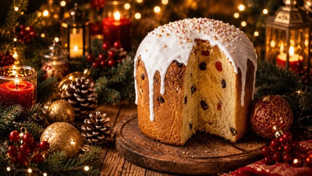 S&uuml;&szlig;es Festtagsgeb&auml;ck mit Glasur in weihnachtlicher Dekoration