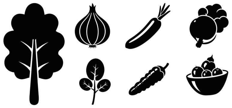 Black silhouette icons of vegetables tree and spinach on white background