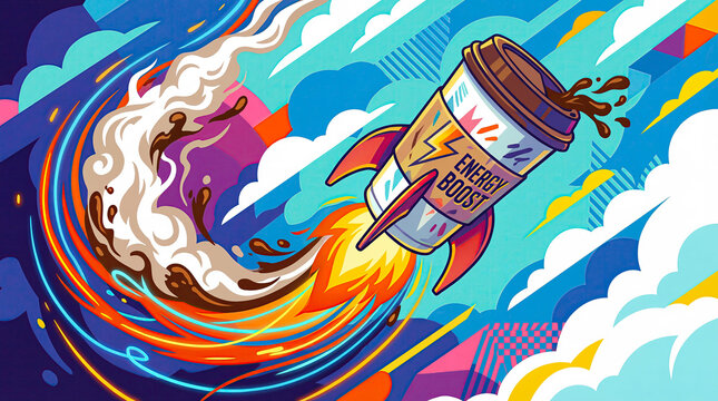 Takeaway coffee cup drawing as flying rocket with flames on bright colorful sky background. Vibrant dynamic illustration of energy boost concept, bold colors. Advertising horizontal banner.