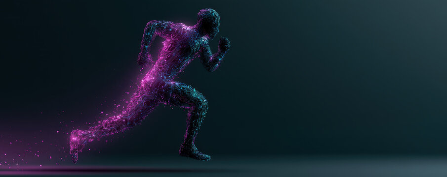 Futuristic runner silhouette digital human figure neon particle form glowing motion cyber sprint abstract speed technology concept bright trail dark background energy flow