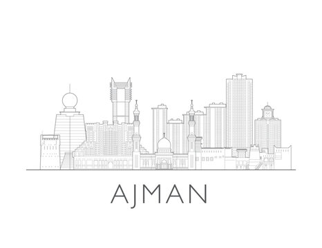 Ajman skyline, UAE. Urban cityscape with landmarks and monuments. Hand drawn line art digital skyline illustration.
