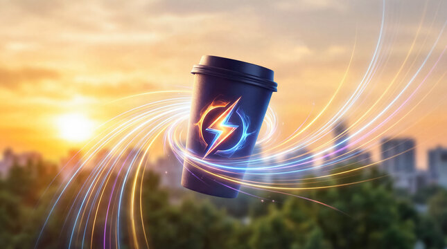Takeaway coffee cup with lightning image levitating with glowing energy lines on blurred background. Morning power concept, black flying disposable cup with lid. Horizontal advertising banner.
