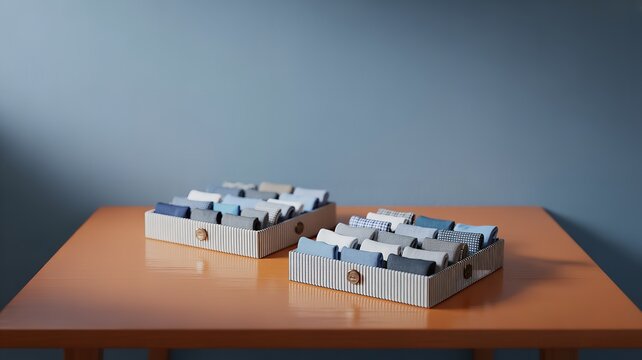 Organized wooden boxes with blue and white cards arranged neatly on orange table symbolizing design order and creative composition