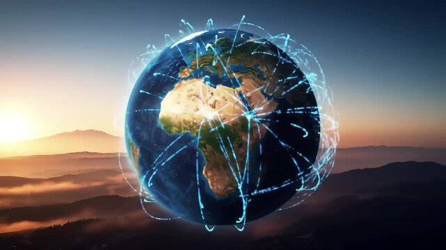 Global network globe over mountain landscape at sunrise