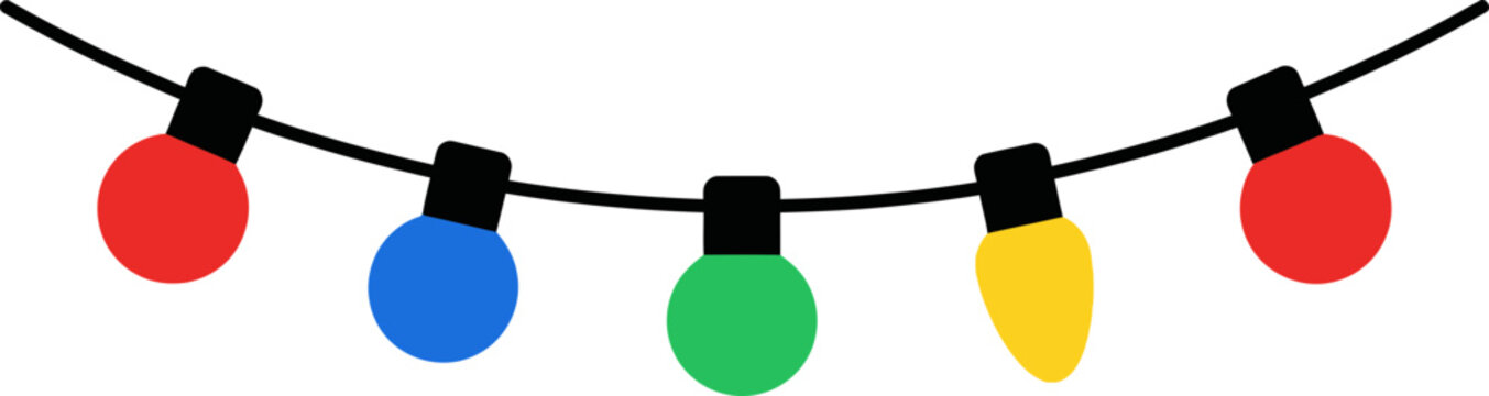 Colorful string lights on black wire, festive decoration, party lights, white background