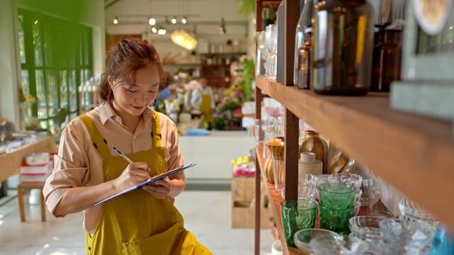 Shop staff organizing products and checking inventory on shelves in a handmade ceramic and home decor store