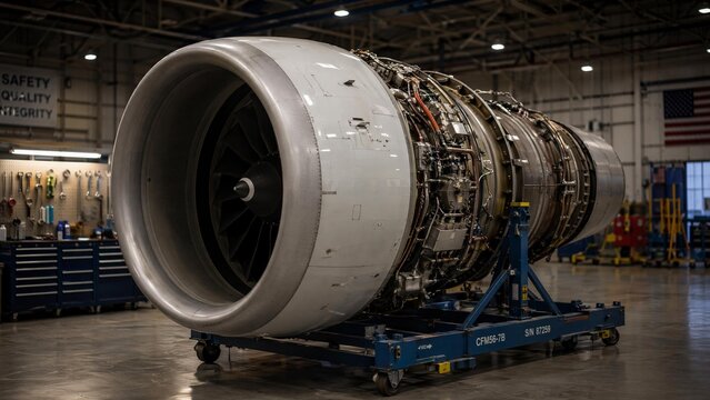 nacelle. A large aircraft engine nacelle mounted on a stand inside an industrial hangar. safety posters, maintenance manuals, designed for industrial assembly lines and welding operations.