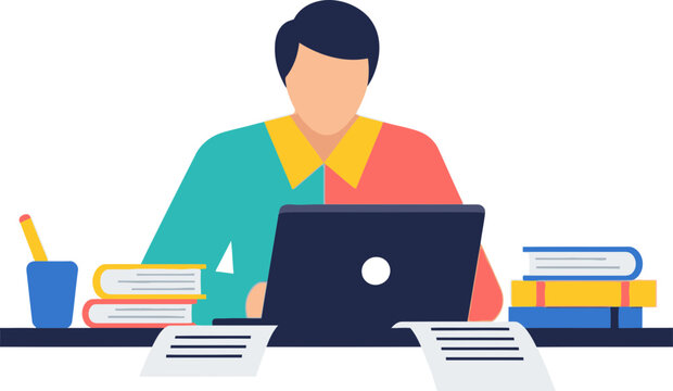 Man Working on Laptop at Desk with Books and Papers, Studying or Office Work