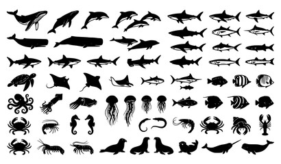 Ocean wildlife silhouette vector pack with shark whale turtle shrimp and sea life species isolated on white © Emdadul
