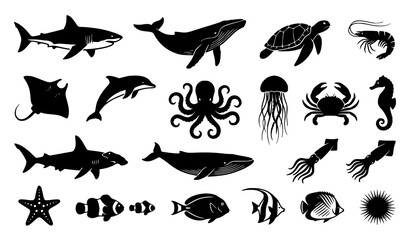 Obraz premium Marine animal silhouette vector set featuring shark whale turtle shrimp and ocean wildlife collection isolated on white background