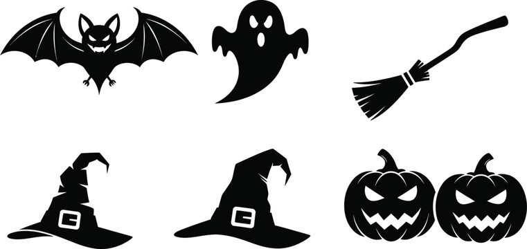 Halloween silhouette collection bats ghosts witch hats broomsticks and jack o' lanterns