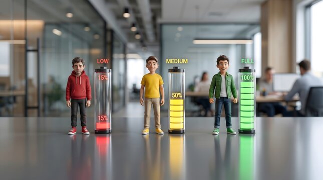 three small human-like figurines standing next to vertical battery indicators with different charge levels