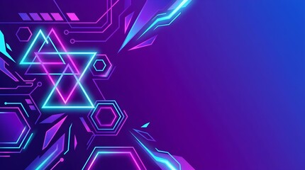 Futuristic Cyberpunk Background with Neon Blue and Purple Geometric Shapes, Circuit Lines, and Copy Space