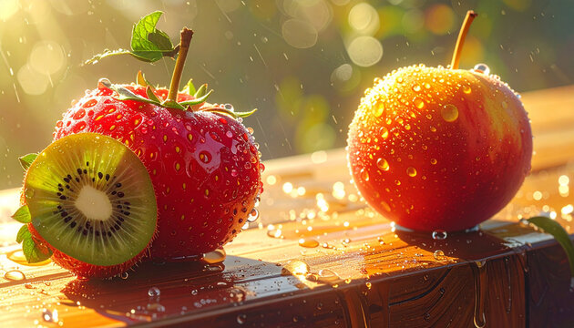 Fresh Fruits with Water Droplets in Golden Sunlight