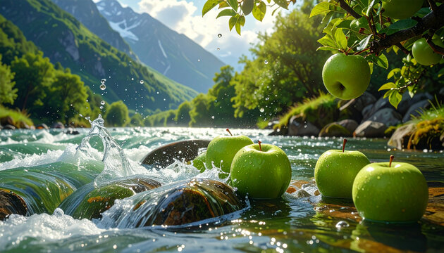 Fresh Green Apples Splashing in Clear Mountain River Stream