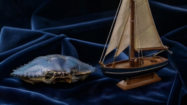 specimen. Blue crab shell specimen next to wooden sailboat model on dark blue velvet. wildlife magazines, conservation campaigns, designed for wildlife conservation campaigns.