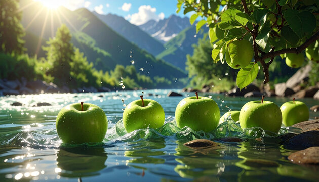 Fresh Green Apples Splashing in a Clear Mountain River