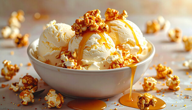 Gourmet vanilla ice cream topped with caramel popcorn and syrup