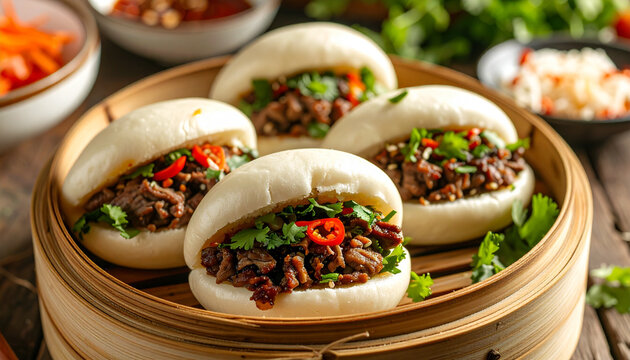 Steamed Bao Buns with Savory Braised Meat and Chili in Bamboo Steamer