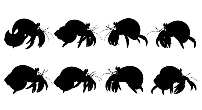 Eight crab silhouettes arranged in two rows on a white background showcasing various crab poses and movements.